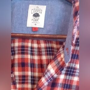 Copper & Oak XL Rust Red Blue Plaid Flannel Men's Cabincore Button-Down Shirt
